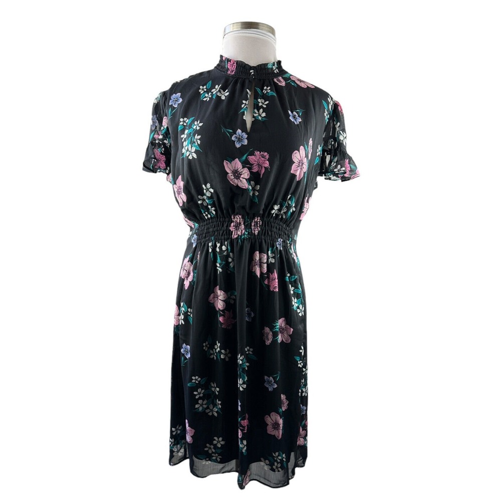 NWT Lane Bryant Floral Dress Blk Smocked Keyhole Chiffon Plus Size 24P 24 Petite - Picture 3 of 15